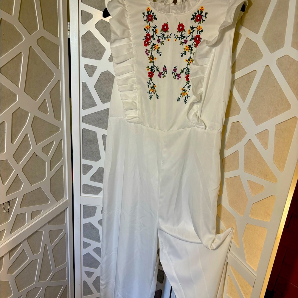 Floral Embroidered White Jumpsuit